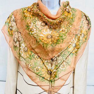 Vintage Jasmin scarf chiffon 34"x34  , peach green floral (49)